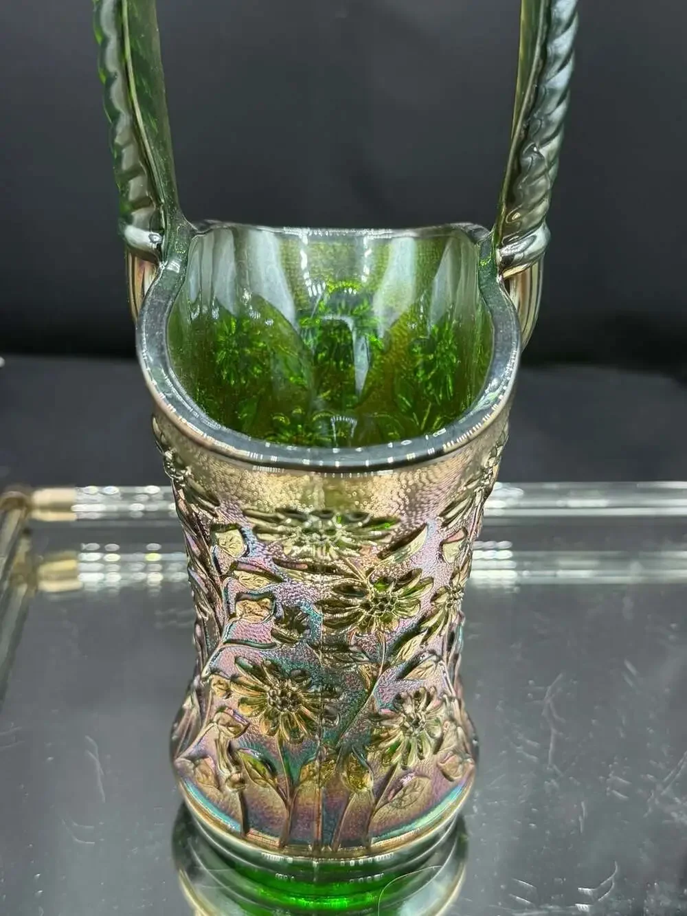 Imperial Helios Green Carnival Glass Daisy Basket